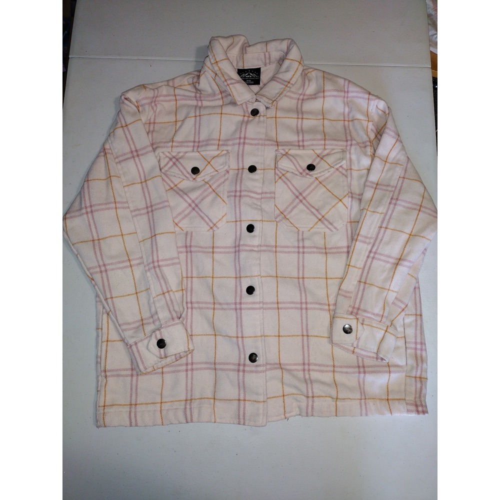 HFX Womens Plaid Flannel Shirt Jacket‎ Button Up Medium M Cream Pink Gold
